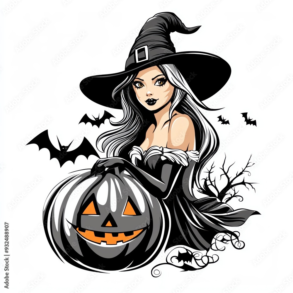 A stylish witch holds a carved pumpkin surrounded by bats, perfect for Halloween-themed designs and decorations.