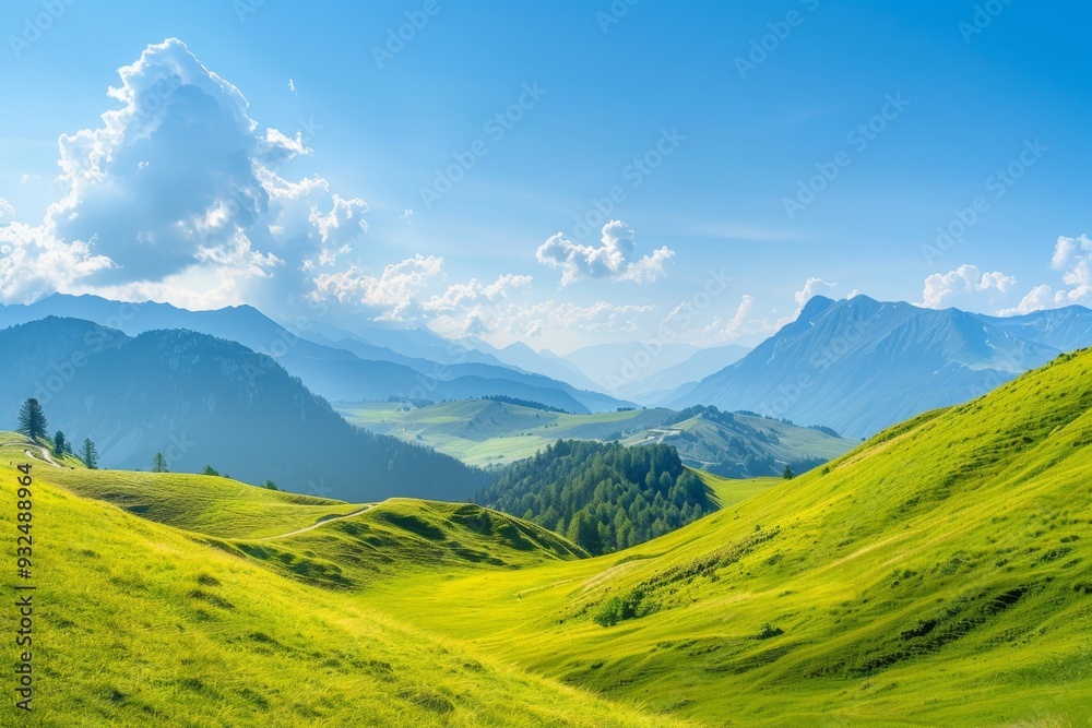 Panoramic view of serene alpine landscape with green and golden rolling hills on a sunny day Panoramic view of serene alpine landscape with green and golden rolling hills on a sunny day
