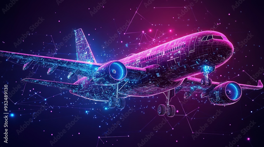 aviation technology concept, airplane graphic with microchip and futuristic elements. purple blue dot style aviation technology concept, airplane graphic with microchip and futuristic elements. purple blue dot style