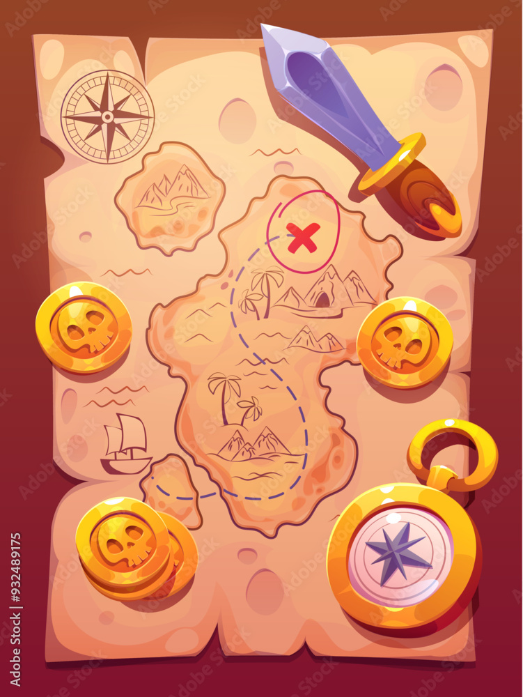 Cartoon pirate treasure map with secret island, marked with an x symbol, surrounded by gold coins, a compass, and a sword. Vector map features drawings of wind rose, mountains, palm trees, and a ship Cartoon pirate treasure map with secret island, marked with an x symbol, surrounded by gold coins, a compass, and a sword. Vector map features drawings of wind rose, mountains, palm trees, and a ship