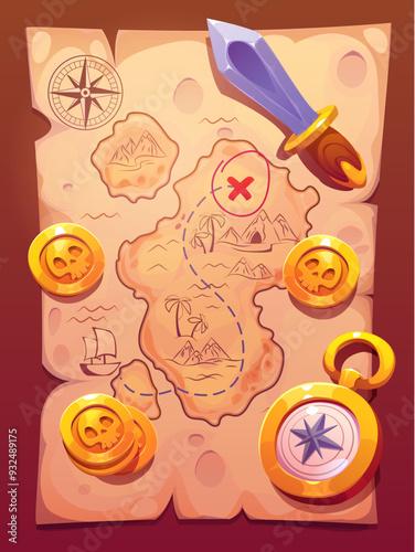 Cartoon pirate treasure map with secret island, marked with an x symbol, surrounded by gold coins, a compass, and a sword. Vector map features drawings of wind rose, mountains, palm trees, and a ship