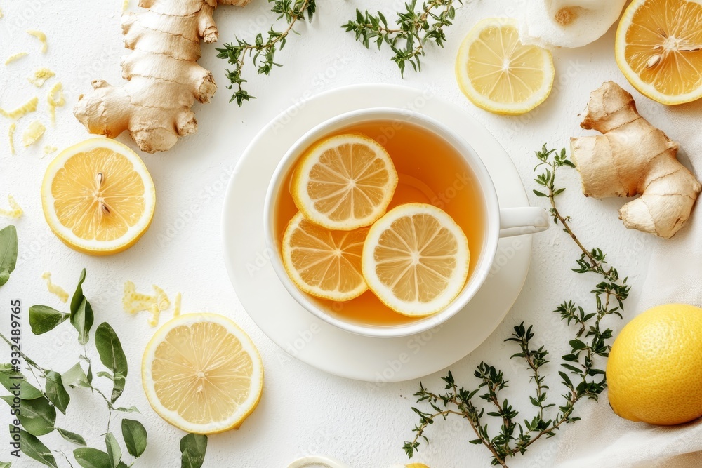 Invigorating lemon ginger tea composition on bright background for health and wellness themes