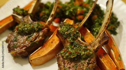 Lamb al asador chimichurri and crispy kumara wedges served as a flavorful and exotic food experience photo