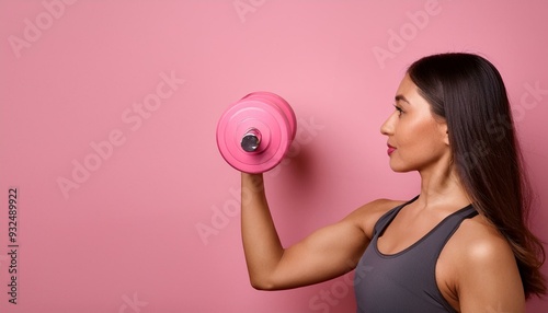 A portrait of a young lady athlete holding a pink color dumbbell with a pink color background; sports photography; fitness and exercise photo