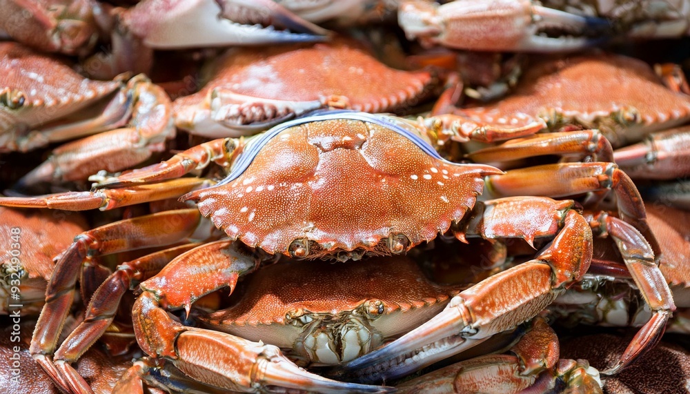 A pile of fresh raw crabs at the fish market; seafood delicacy from the ocean; food photography A pile of fresh raw crabs at the fish market; seafood delicacy from the ocean; food photography