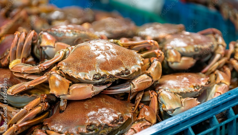 A pile of fresh raw crabs at the fish market; seafood delicacy from the ocean; food photography A pile of fresh raw crabs at the fish market; seafood delicacy from the ocean; food photography