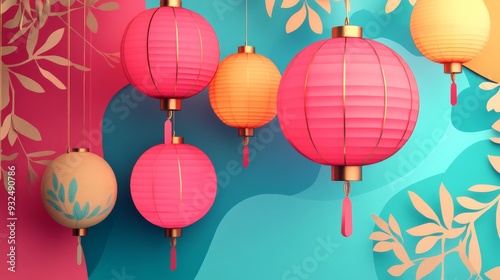 Colorful paper lanterns against a vibrant teal and pink background with decorative leaves, capturing a festive and celebratory mood.
