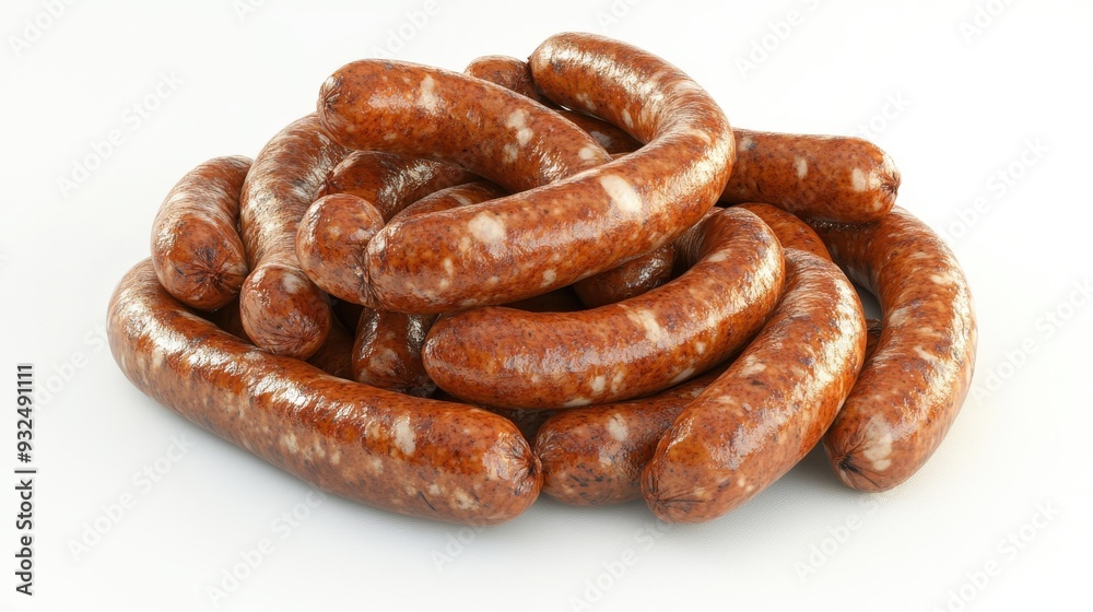 A detailed 3D render of a pile of sausages, freshly made and linked together, isolated on white background A detailed 3D render of a pile of sausages, freshly made and linked together, isolated on white background