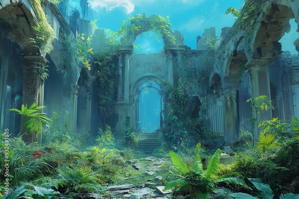 Overgrown Ruins of a Stone Archway Leading Into a Blue Haze Overgrown Ruins of a Stone Archway Leading Into a Blue Haze