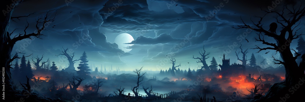 Halloween card depicting futuristic forest 3D biomechanical tree whose branch reach out like metallic claw ground illuminated 2D glowing circuitry forming border along bottom leaving top half blank
