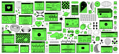 Y2k retro window rave sticker. Vector browser, old page with playful nostalgic icons on green toxic desktop screen. Stars, gamepad, smile emoji, player or surreal menu elements in funky vintage style