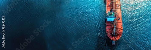 Aerial perspective of a gas pipeline facilitating oil delivery, with a tanker ship approaching a harbor for trade. Business logistics theme featuring space for text and design.