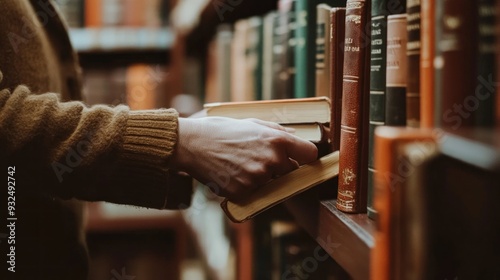 Person in a Library Reaching for a Book