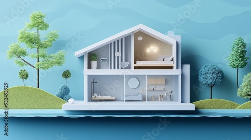 Miniature model of a modern house with detailed rooms, set in a picturesque landscape with trees and water.