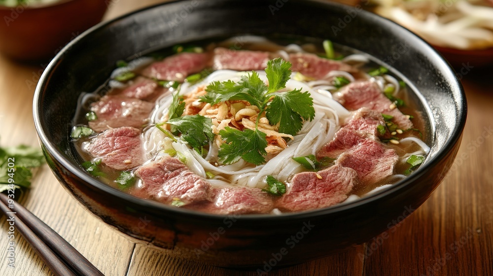 Authentic Vietnamese Pho Bowl with Beef Slices, Rice Noodles, and Fresh Herbs in Clear Broth Authentic Vietnamese Pho Bowl with Beef Slices, Rice Noodles, and Fresh Herbs in Clear Broth
