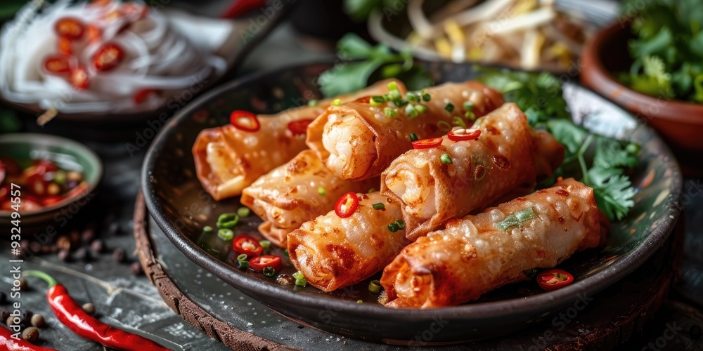 Crispy Potato Shrimp Rolls with Prawns and Potatoes Traditional Asian Dish from Vietnamese Cuisine Copy Space Available Crispy Potato Shrimp Rolls with Prawns and Potatoes Traditional Asian Dish from Vietnamese Cuisine Copy Space Available