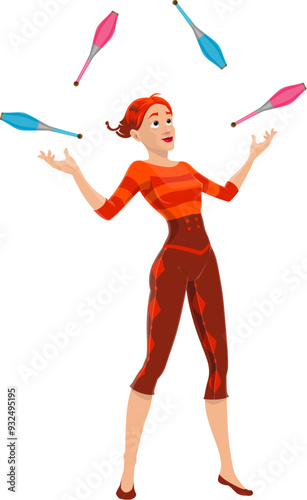 Circus woman juggler character juggling clubs on funfair carnival, cartoon vector. Circus performer woman or girl juggle pins, kids circus show or shapito entertainment park cartoon character