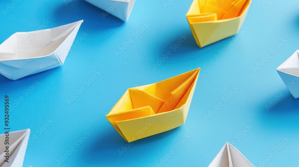 Leadership Concept with Paper Boats. Set of colorful origami ships on blue background. Business competition, Leadership concept with yellow paper ship leading among white. Leadership Concept with Paper Boats. Set of colorful origami ships on blue background. Business competition, Leadership concept with yellow paper ship leading among white.