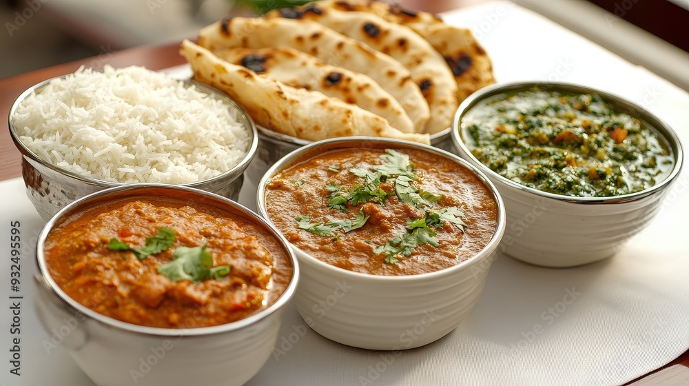 Flavorful Indian Curry Spread Featuring a Selection of Spiced Curries Served with Naan and Rice Flavorful Indian Curry Spread Featuring a Selection of Spiced Curries Served with Naan and Rice