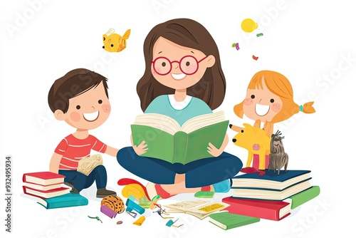 A Teacher Reading to Two Children Surrounded by Books