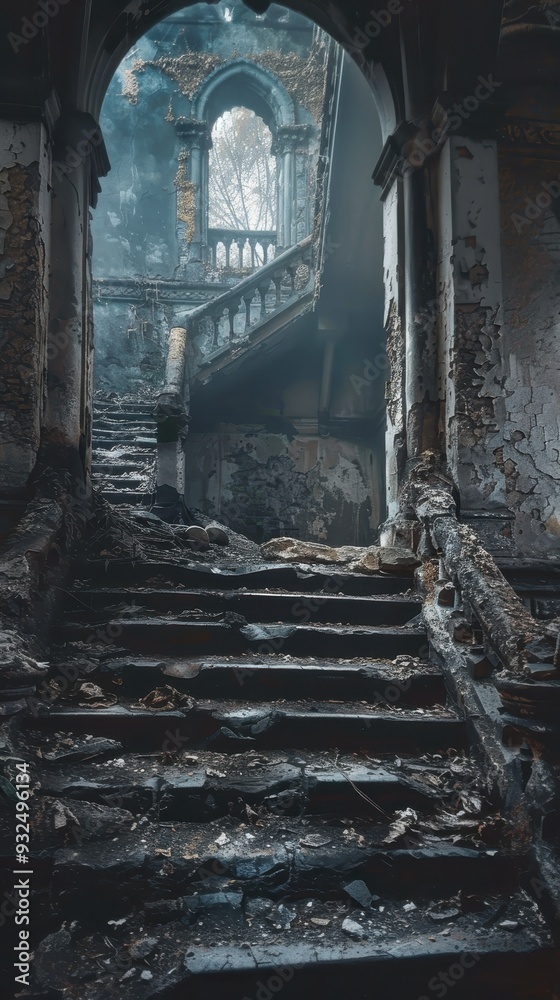 Fototapeta premium A dark staircase in an abandoned building, showcasing layers of dust, decay, and remnants of a forgotten past