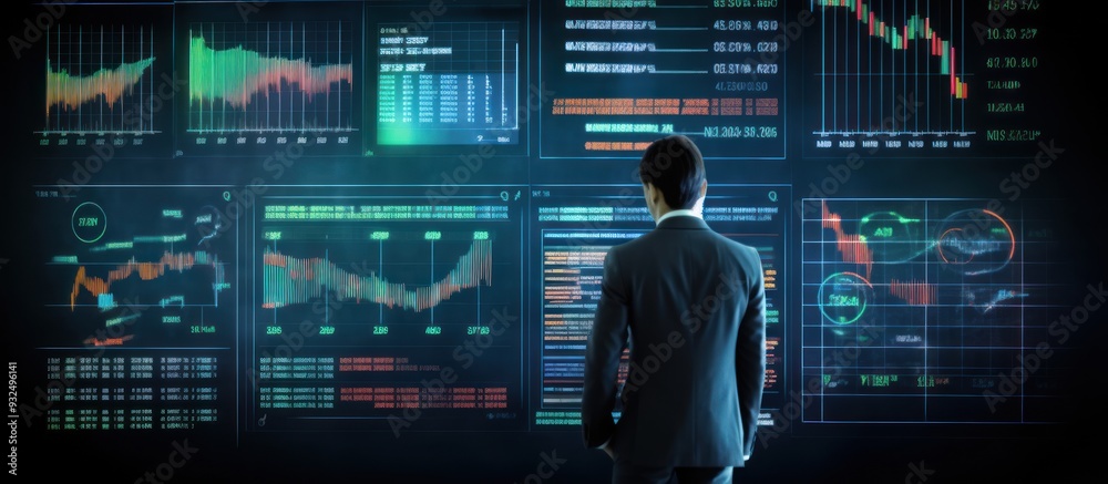 Man in Suit Analyzing Data on Large Screen with Graphs and Charts Man in Suit Analyzing Data on Large Screen with Graphs and Charts