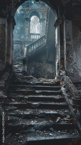 A dark staircase in an abandoned building, showcasing layers of dust, decay, and remnants of a forgotten past photo