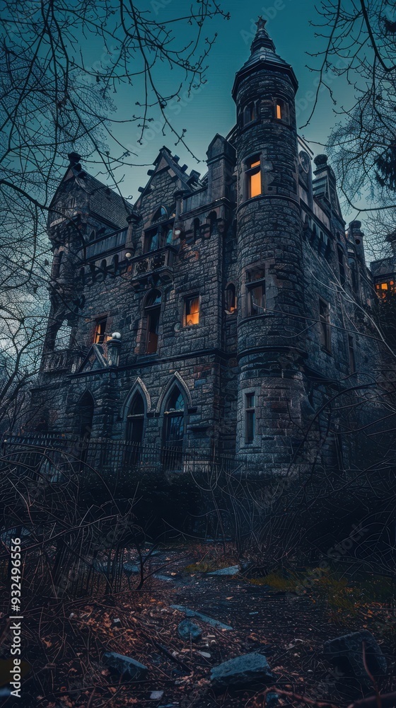 Obraz premium A dark, eerie castle stands abandoned at twilight, its windows glowing faintly amidst the overgrown surroundings