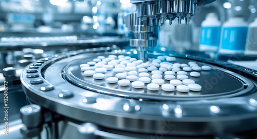 On the drug production line, one drug after another is being produced. Medical, pharmaceutical concept.