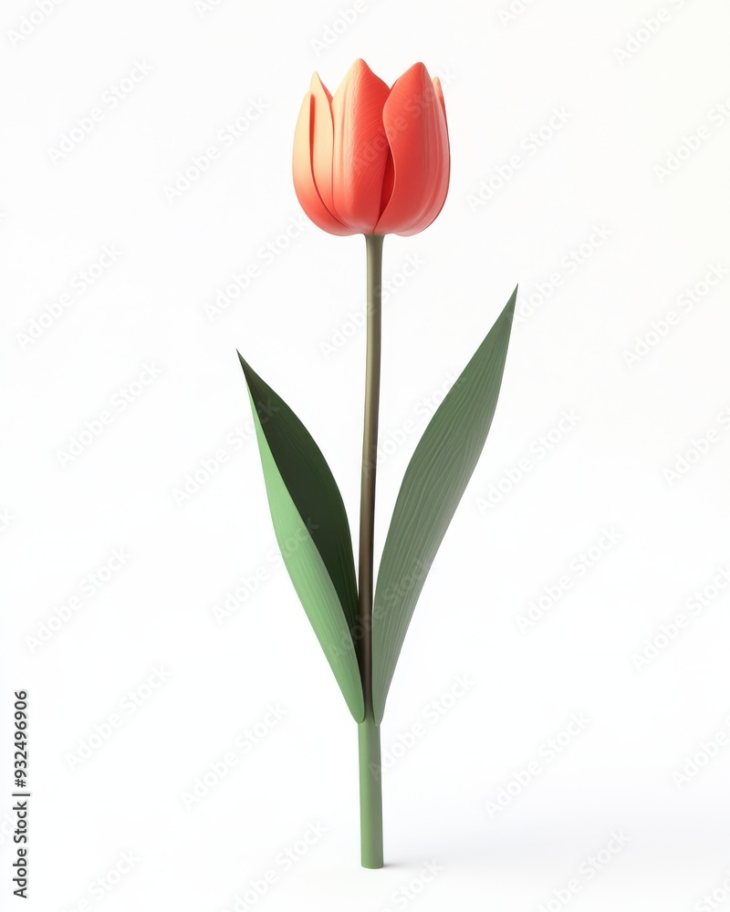 A minimalist 3D render of a single tulip, elegant and refined, isolated on white background A minimalist 3D render of a single tulip, elegant and refined, isolated on white background