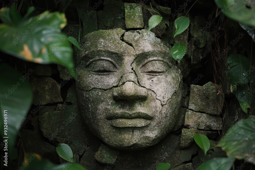 Obraz premium Stone Face Partially Hidden by Greenery