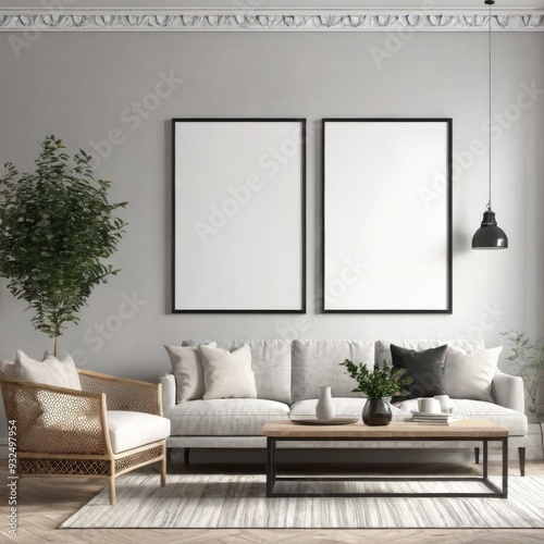 poster frame mock-up in modern living room interior. fucnitur