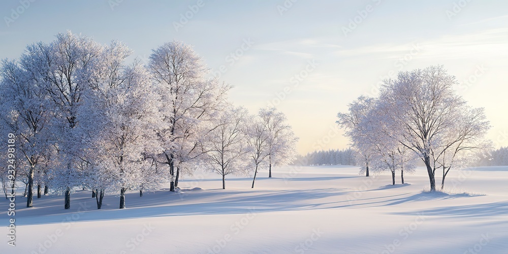 A serene winter landscape with snow-covered trees in soft white and grey tones, under a clear, pale blue sky, with gentle shadows creating a sense of calm and quiet. A serene winter landscape with snow-covered trees in soft white and grey tones, under a clear, pale blue sky, with gentle shadows creating a sense of calm and quiet.