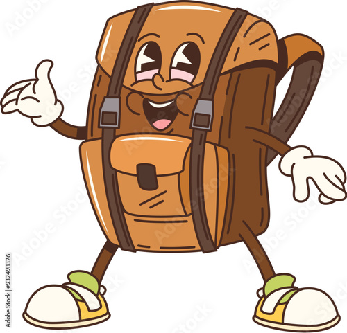 Cartoon groovy travel backpack character. Isolated vector anthropomorphic rucksack, tourist equipment personage ready for adventure. Travel camp and tourism item with smiling face and retro sneakers