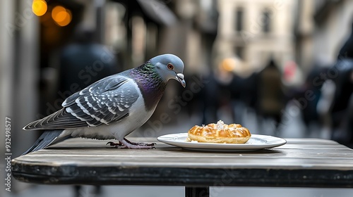 Pigeon pauses to savor delicious pastry on a busy street table in the heart of the city photo