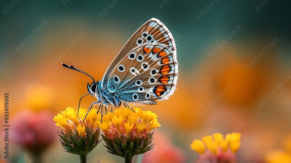 Obraz premium Blue and Orange Butterfly Perched on a Bright Yellow Flower: A Beautiful Contrast