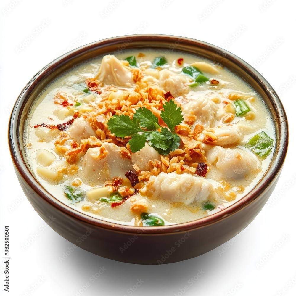 Close up of indonesian food, bubur ayam, on an isolated white background Close up of indonesian food, bubur ayam, on an isolated white background