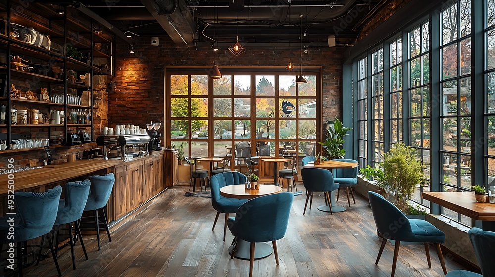 Modern Cafe Interior Design with Exposed Brick Wall, Large Windows, and Comfortable Blue Chairs Modern Cafe Interior Design with Exposed Brick Wall, Large Windows, and Comfortable Blue Chairs
