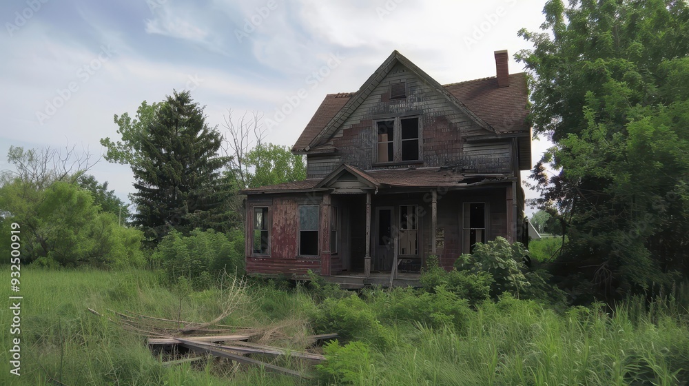 An old, dilapidated house stands abandoned in a field, overtaken by tall grass and encroaching trees beneath a gray sky