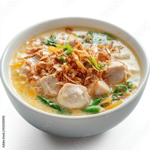 Close up of indonesian food, bubur ayam, on an isolated white background