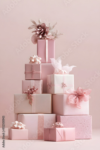 stack of gift boxes on the pink background.
