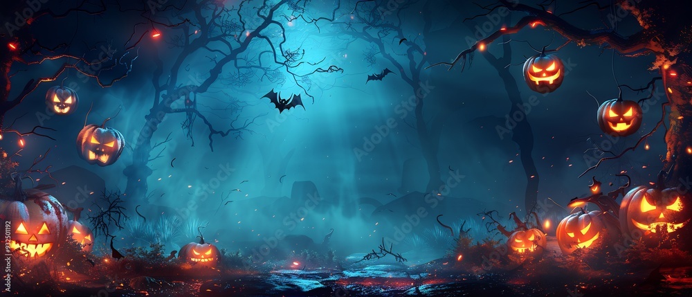 Fototapeta premium Halloween card featuring dark enchanted cave distant planet where 3D glowing alien crystal hang ceiling 2D ghostly digital bat fly around left side right side left blank spacious illuminated eerie 2D