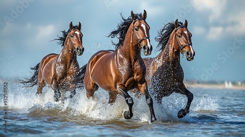 Three Horses Galloping Through the Surf at the Beach: A Majestic Display of Power and Grace