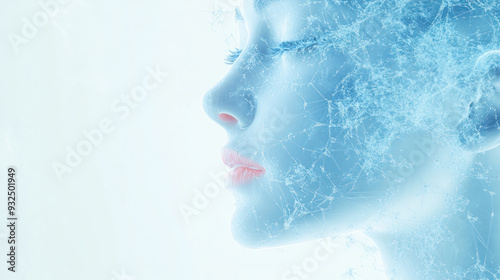 A woman's face is shown in a blue and white color scheme. The image is abstract and has a futuristic feel to it