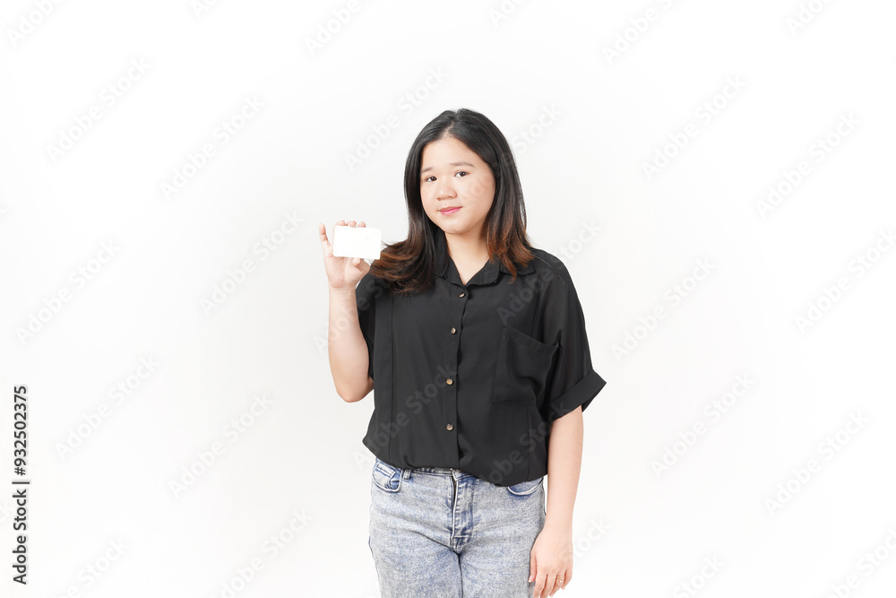 Young Asian woman presenting and showing blank card wearing Black t-shirt and jeans isolated on white background Young Asian woman presenting and showing blank card wearing Black t-shirt and jeans isolated on white background