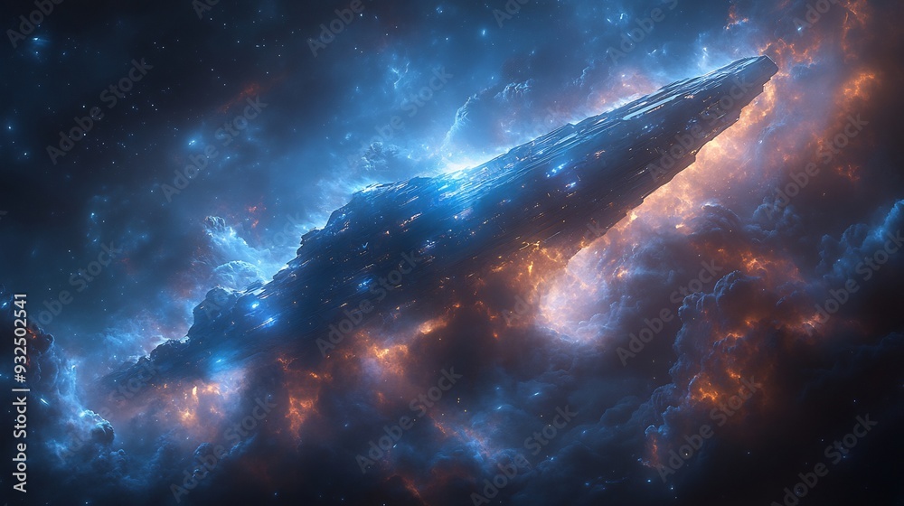 Obraz premium Halloween card featuring ghostly starship sailing through stormy nebula 3D glowing energy sail 2D plasma wave crashing along right side left side left blank where calm 2D space provides clear ample