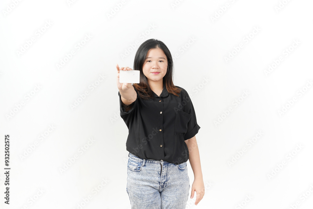 Young Asian woman presenting and showing blank card wearing Black t-shirt and jeans isolated on white background Young Asian woman presenting and showing blank card wearing Black t-shirt and jeans isolated on white background