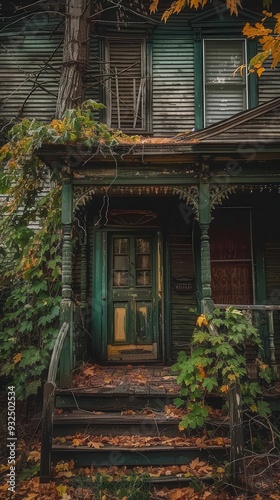 An abandoned house's front entrance is covered in autumn leaves, with creeping vines on the porch and peeling paint on the door