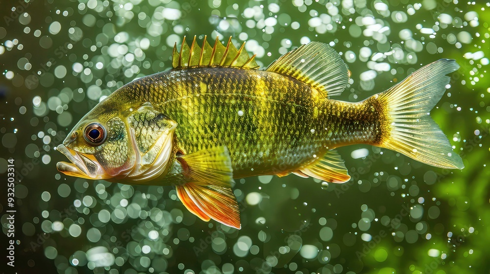 A largemouth bass swims through a shallow, green pond, with an out of focus background of water droplets reflecting the sun. A largemouth bass swims through a shallow, green pond, with an out of focus background of water droplets reflecting the sun.