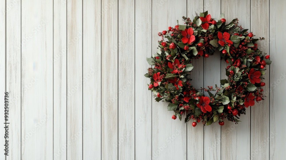 A hyperrealistic 3D render of a flower wreath, hanging on a wooden door, isolated on white background A hyperrealistic 3D render of a flower wreath, hanging on a wooden door, isolated on white background